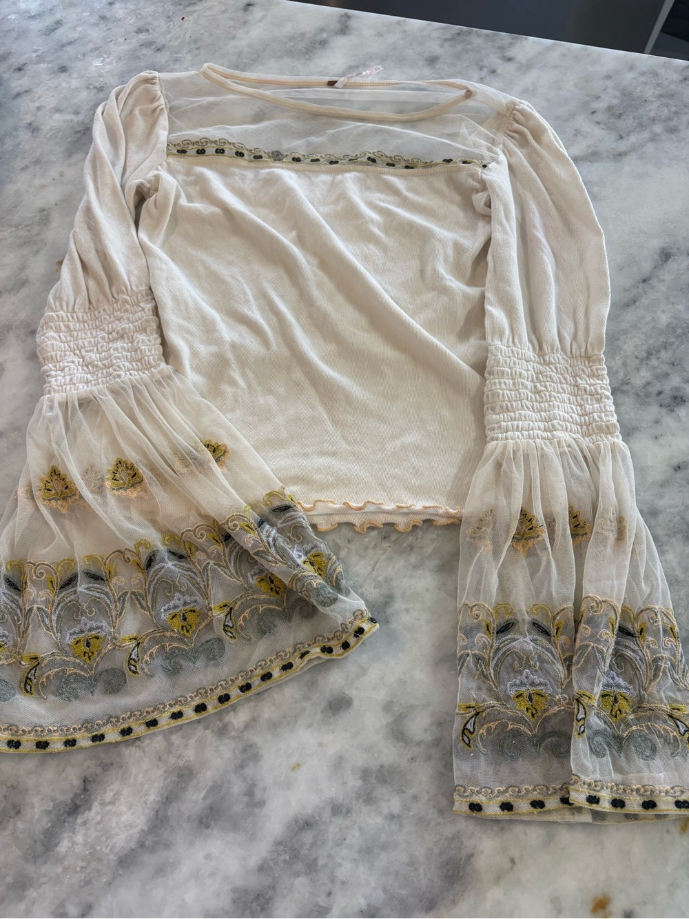 Free People Cream Sheer Bell Sleeve Blouse with Gold & Gray Embroidery